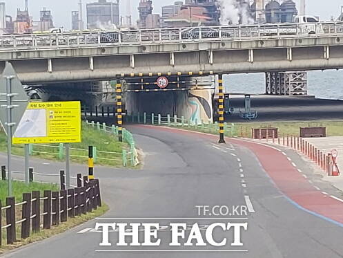 제24회 포항마라톤 대회에서 수천 명이 달리다 도로 병목현상으로 참가자들이 뒤엉켜 버린 형산대교 아래 도로. /박진홍 기자