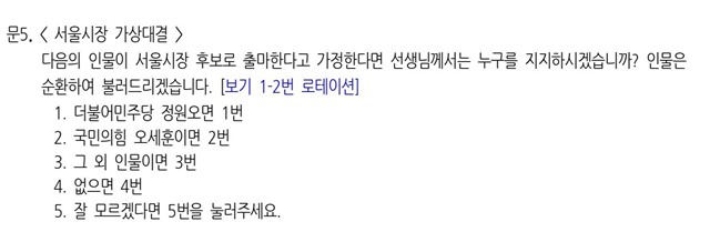 6월 3일 지방선거를 앞두고 실시되는 '서울시장 가상대결'을 조사하는 일부 여론조사의 선택지에 군소정당 후보의 이름이 제외돼 있다는 지적이 나온다. 사진은 더불어민주당, 국민의힘 외 군소정당 후보의 경우 모두 '그 외 인물'이라고 묶은 여론조사 문항의 모습. /김정철 개혁신당 서울시장 후보 페이스북 갈무리