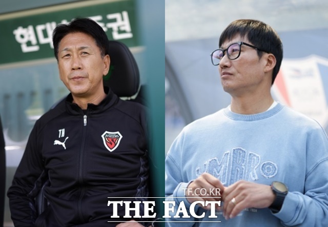 3일 오후 7시 수원종합운동장에서 사상 첫 K리그2 ‘수원 더비’를 펼치는 수원FC의 박태하 감독(왼쪽)과 수원 삼성의 이정효 감독./K리그
