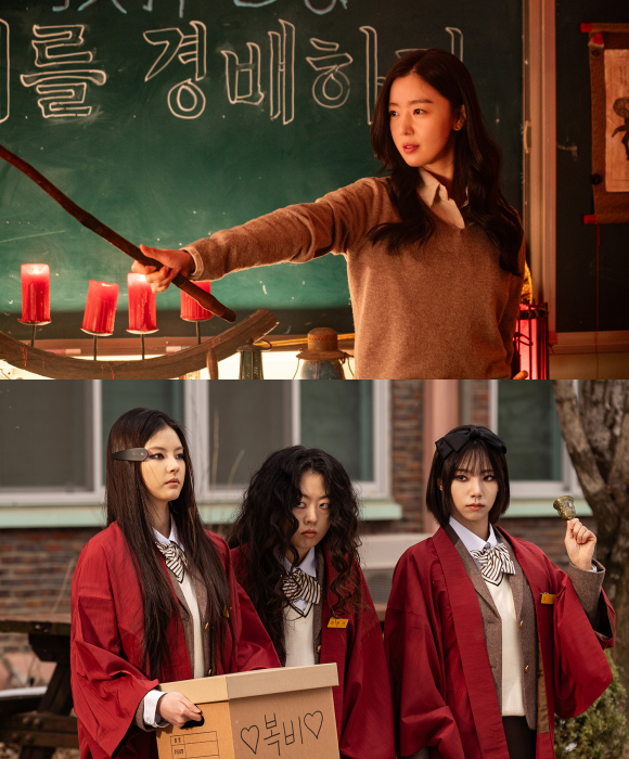 열혈 교생 MZ 은경 역을 맡은 한선화(위쪽)를 비롯해 홍예지 이여름 이화원 유선호는 제 몫을 다 해내고 다채로운 케미를 형성하며 관객들에게 웃음과 생각할 거리를 안긴다. /㈜스튜디오 산타클로스엔터테인먼트