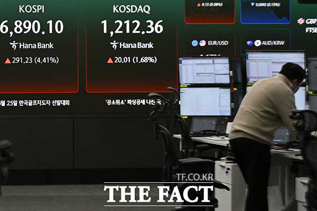 딜러가 모니터를 주시하며 거래를 하고 있다.