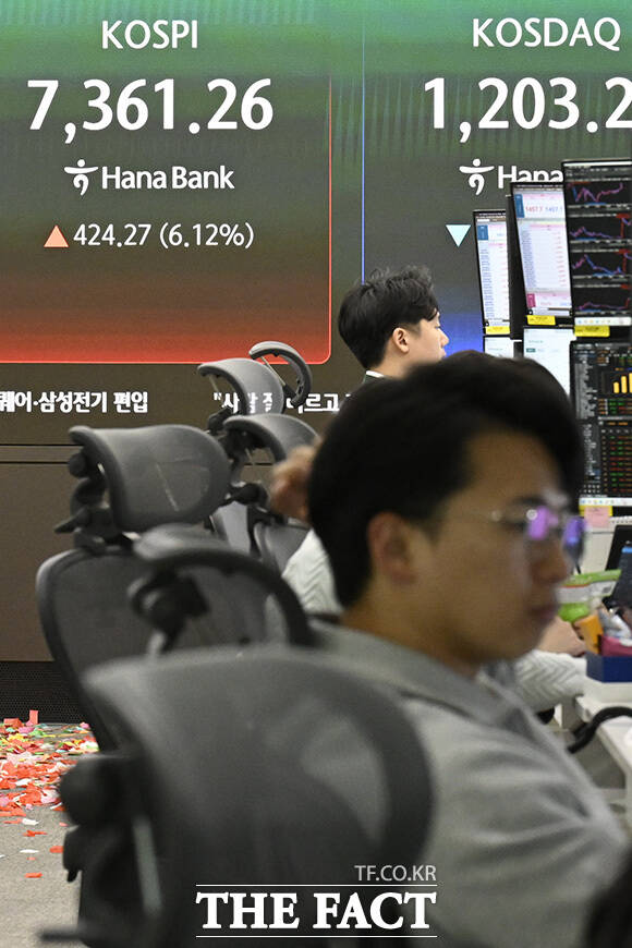 딜러들이 모니터를 바라보고 있다.