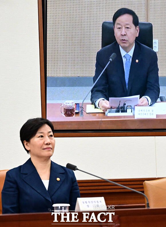 구윤철 부총리 겸 재정경제부 장관이 7일 오전 정부세종청사에서 민생물가 특별관리 관계장관TF회의를 주재한 가운데 송미령 농림축산식품부 장관이 서울 종로구 정부서울청사에서 구 부총리의 모두발언을 듣고 있다. /임영무 기자