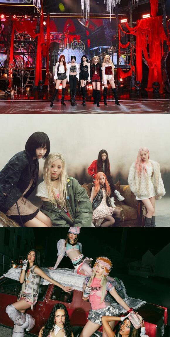 그룹 르세라핌과 아일릿 캣츠아이(위부터)는 비슷한 시기에 연달아 테크노 장르 신곡을 선보여 화제를 모았다./쏘스뮤직, 빌리프랩, 하이브UMG