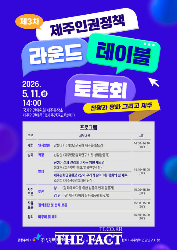 국가인권위원회(인권위)가 11일 오후 2시 제주인권이음터에서 '전쟁과 평화 그리고 제주'를 주제로 제3차 제주인권정책 라운드테이블 토론회를 개최한다./ 국가인권위원회 제공