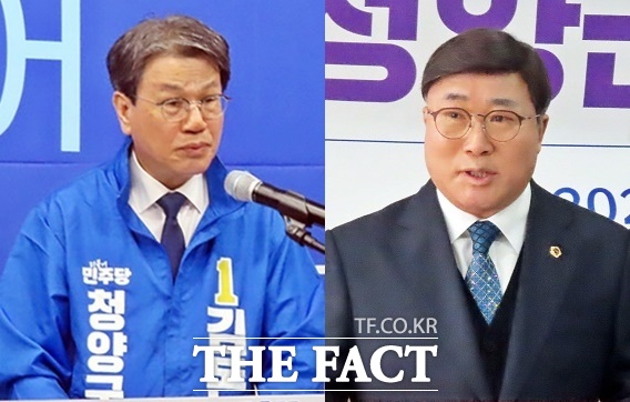 김돈곤 청양군수 후보(왼쪽)와 이정우 충남도의회 의원. /김형중 기자