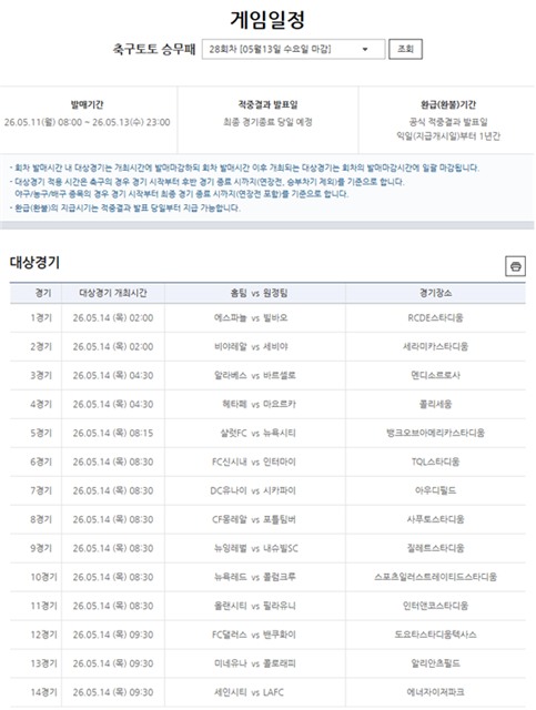 축구토토 승무패 28회차 대상 경기.