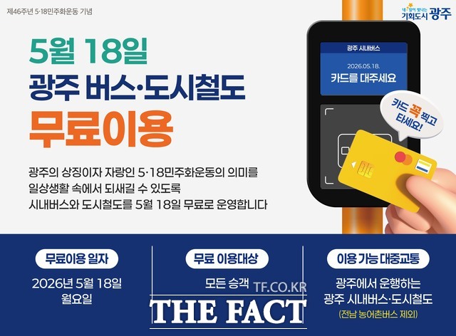 광주시가 5·18 민주화운동을 기념해 오는 18일 시내버스와 도시철도, 교통약자 이동지원차량을 무료로 운행한다. /광주시
