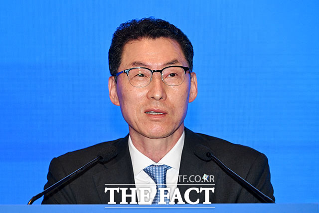 장민영 IBK기업은행장이 12일 오전 서울 영등포구 여의도 콘래드 호텔에서 열린 출입기자간담회에서 발언하고 있다. /서예원 기자