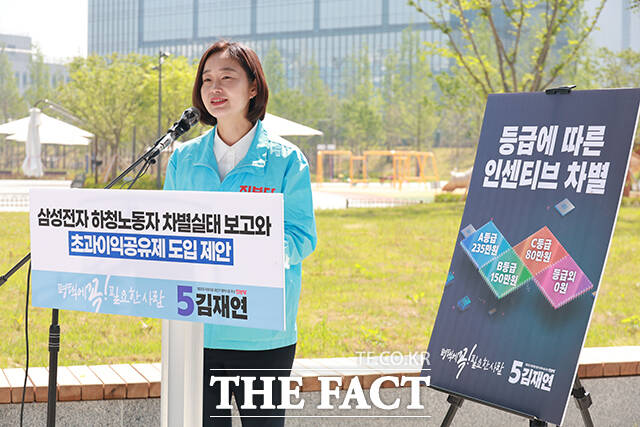 경기 평택을 국회의원 재보궐선거에 출마한 김재연 진보당 상임대표가 13일 오전 경기 평택시 여염근린공원에서 '삼성전자 사내 하청노동자 차별 실태 보고와 초과이익공유제 도입 제안' 기자회견을 열고 발언하고 있다. /진보당