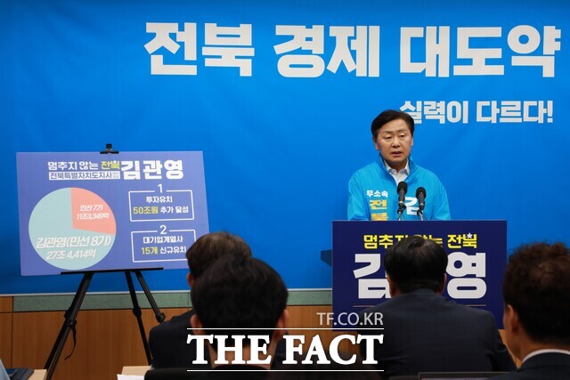 13일 전주시 완산구 전북도의회 브리핑룸에서 김관영 무소속 전북도지사 후보가 공약 발표를 하고 있다. /김관영 선거캠프