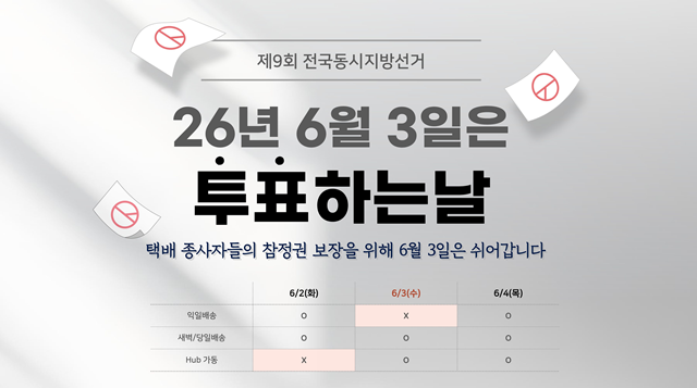 14일 업계에 따르면 CJ대한통운이 제9회 전국동시지방선거가 열리는 내달 3일을 ‘택배 쉬는 날’로 지정하고 전국 택배대리점에 해당 방침을 공지다. /CJ대한통운