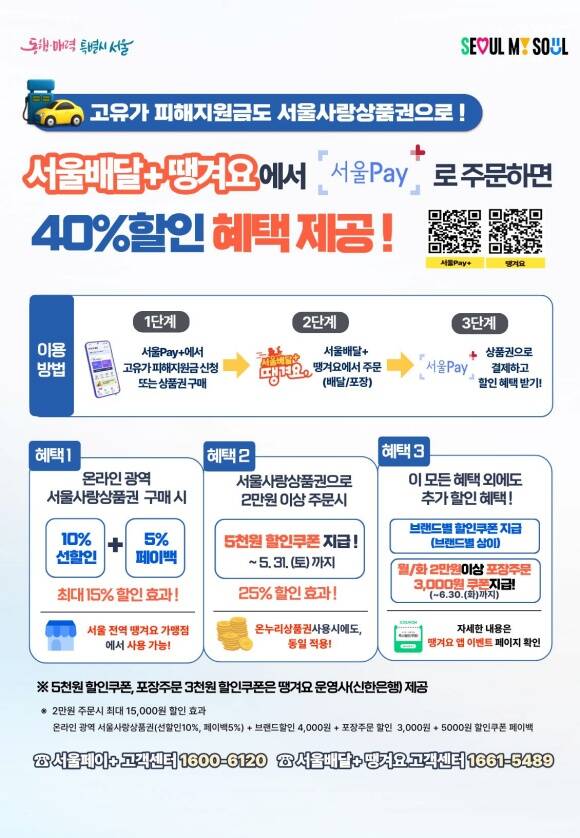 서울시가 '서울배달+땡겨요'와 지역화폐를 연계한 할인 혜택을 확대한다. /서울시