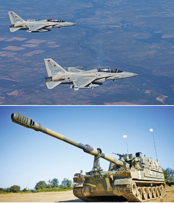 한국항공우주산업(KAI)의 FA-50PH(위)와 세계 자주포 시장 점유율 50% 이상을 차지한 한화에어로스페이스의 K9 자주포(아래). /각사