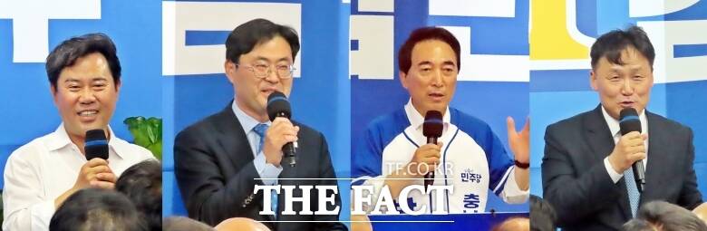 김민수 후보 개소식에서 축사하고 있는 박정현 전 부여군수, 이정문 충남도당위원장, 박수현 충남도지사 후보, 김영진 국회의원.(왼쪽부터) /김형중 기자