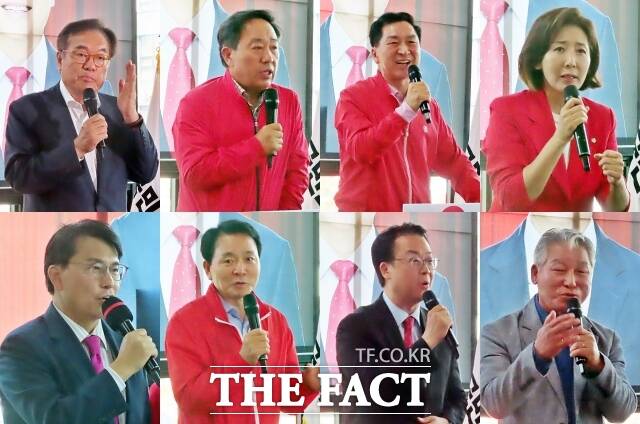 왼쪽 위부터 시계 방향으로 정진석 전 실장, 강승규 충남도당의원장, 김기현 의원, 나경원 의원. 윤상현 의원, 성일종 의원 곽규택 의원, 박근태 전 의원이 축사하고 있다. /김형중 기자