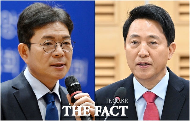 6·3 지방선거를 앞두고 정원오 더불어민주당 서울시장 후보(왼쪽)와 오세훈 국민의힘 서울시장 후보가 소상공인 지원 공약을 발표했다. /서예원 기자