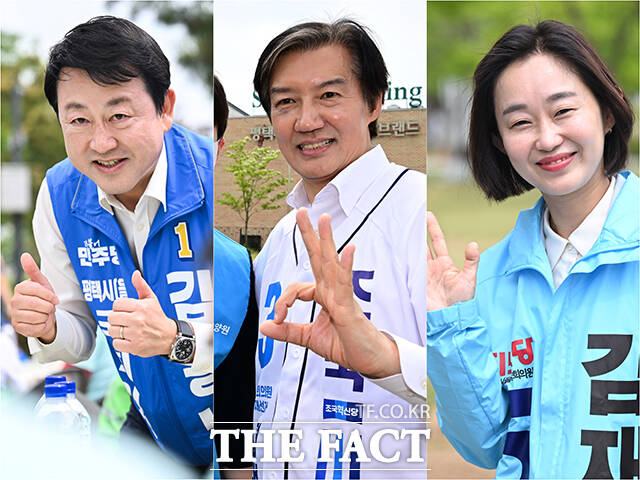 6·3 평택을 재선거에 출마한 김용남 더불어민주당, 조국 조국혁신당, 김재연 진보당 후보(왼쪽부터)가 19일 오전 경기 평택시 농업생태원에서 열린 자장면 나눔 행사에 참석해 표심을 호소하고 있다. /평택=남윤호 기자