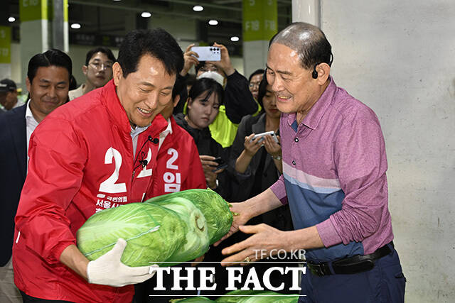 오세훈 국민의힘 서울시장 후보가 제9회 전국동시지방선거 공식 선거운동 시작일인 21일 0시 서울 송파구 가락농수산물종합도매시장을 방문해 배추 운반 작업을 돕고 있다. /송호영 기자