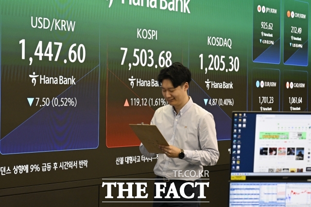21일 한국거래소에 따르면 이날 코스피는 장 초반 6%대 상승하며 7600선을 돌파하고 있다. 사진은 기사 내용과 무관함. /송호영 기자