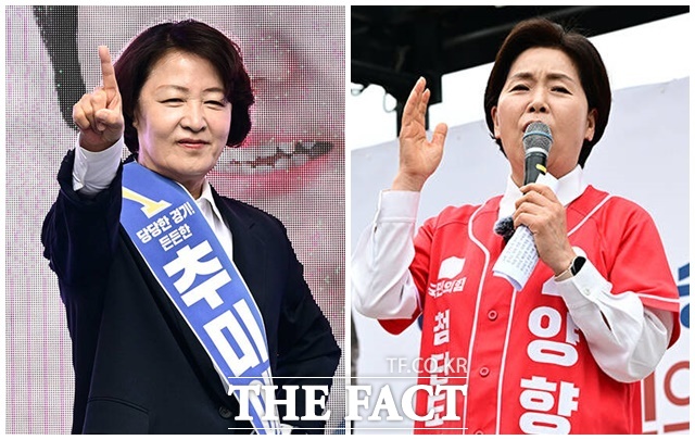 6·3 지방선거 경기도지사 선거에 출마한 추미애(왼쪽) 더불어민주당 후보와 양향자 국민의힘 후보의 대결이 흥미진진하다. 두 후보는 공식 선거운동 첫날인 21일 일제히 유권자들과 접촉하며 지지를 호소했다. /수원=임영무 기자