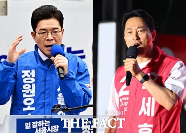6·3 지방선거를 앞두고 보수의 심장부인 '강남 3구'의 민심이 요동치고 있다. 왼쪽부터 정원오 더불어민주당 서울시장 후보와 오세훈 국민의힘 서울시장 후보. /배정한·이새롬 기자