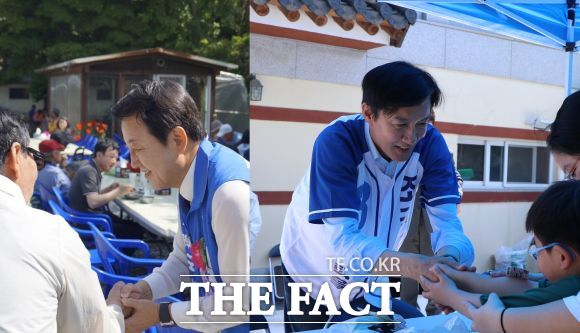 24일 부처님오신날 사찰을 방문해 유권자들과 인사를 나누는 평택을 국회의원 재선거 후보들. 왼쪽부터 김용남 민주당 후보, 조국 조국혁신당 후보. /박아론 기자