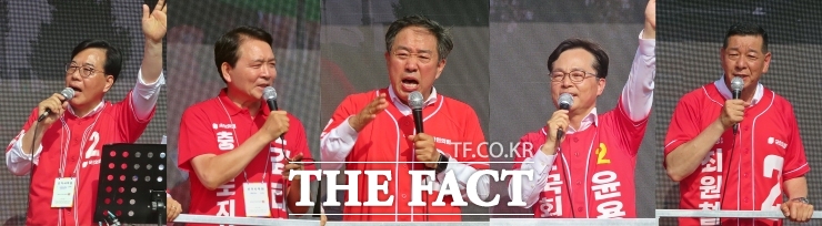 왼쪽부터 지지 연설을 한 송언석 원내대표, 성일종 의원, 강승규 충남도당 위원장과 윤용근 국회의원 후보, 최원철 공주시장 후보. /김형중 기자