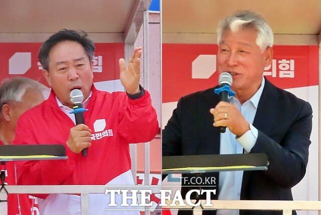 25일 국민의힘 부여대전환 합동 유세에서 윤용근 후보의 지지연설을 하고 있는 강승규 충남도당 위원장(왼쪽)과 김근태 전 국회의원. /김형중 기자