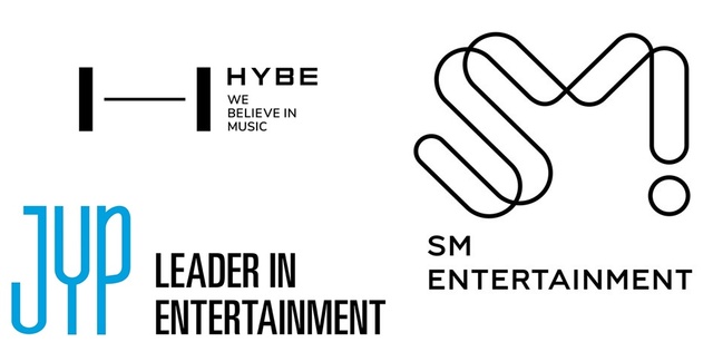 글로벌 K팝을 이끌고 있는 국내 대표 대형 기획사 하이브, SM엔터, JYP엔터. 각 회사 로고.