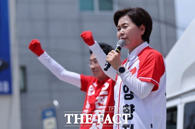 국민의힘 양향자 경기도지사 후보가 25일 양평에서 집중 유세를 하고 있다. /양향자 선거 캠프