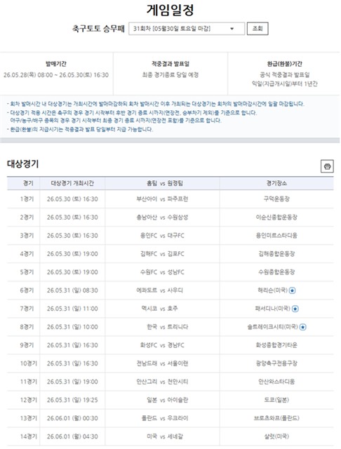축구토토 승무패 31회차 대상 경기.