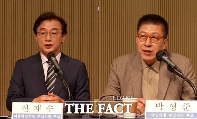전재수 더불어민주당 부산시장 후보와 박형준 국민의힘 부산시장 후보가 26일 오전 관훈클럽과 부산일보가 공동 주최한 여야 부산시장 후보 초청 관훈토론회에 참석해 발언하고 있다. /토론회 영상 갈무리