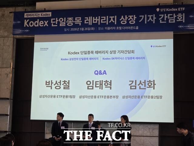 삼성자산운용이 풍부한 유동성과 투자자 거래 비용 절감 구조를 무기로 삼성전자와 SK하이닉스의 일간 수익률을 2배로 추종하는 단일종목 레버리지 ETF 시장에 출격한다. 박성철 삼성자산운용 ETf운용1팀장(왼쪽부터), 임태혁 삼성자산운용 ETf운용본부장, 김선화 삼성자산운용 ETF운용2팀장이 26일 오전 서울 중구 더플라자호텔에서 열린 기자간담회에서 질의응답을 하고 있다. /장혜승 기자