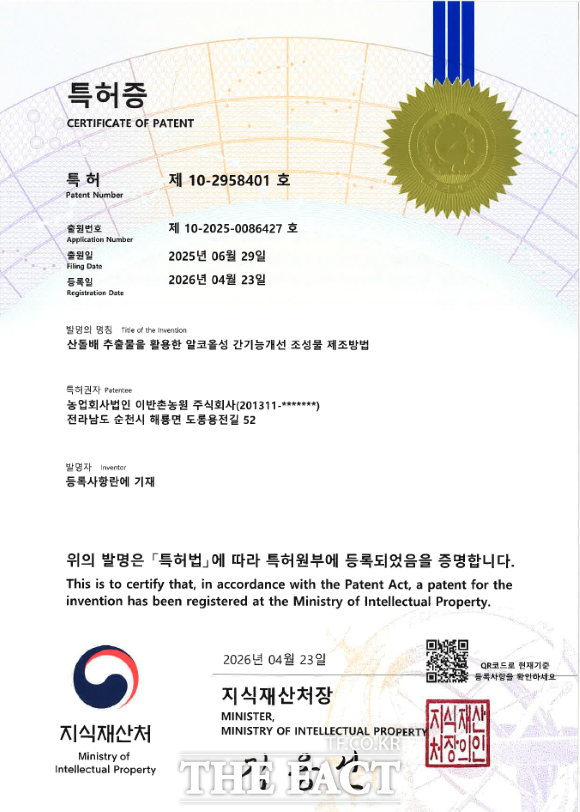 순천 지역 농업법인 이반촌농원이 산돌배 추출물을 활용한 알코올성 간기능 개선 조성물 제조방법에 대한 연구를 마치고 최근 특허 등록을 마쳤다. /이반촌농원