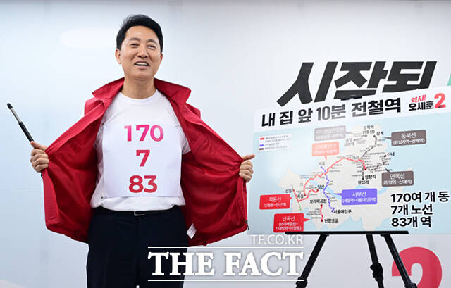 오세훈 국민의힘 서울시장 후보가 26일 서울 종로구 대왕빌딩에 마련된 선거사무소에서 '170여 개 동, 7개 노선, 83개 역'을 의미하는 숫자가 적힌 종이를 붙인 채 도시철도 공약을 발표하고 있다. /이새롬 기자