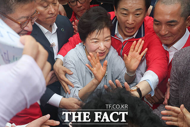 박근혜 전 대통령(가운데)이 27일 오후 부산 기장군 기장시장에 방문해 시민들과 인사를 나누고 있다. /박상민 기자