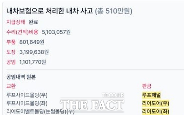 해당 차량의 보험수리 내역. 총 510만3057원 규모 자차보험 수리가 진행됐으며 루프 패널 판금 및 도장 작업 등이 포함됐다. /독자 제공
