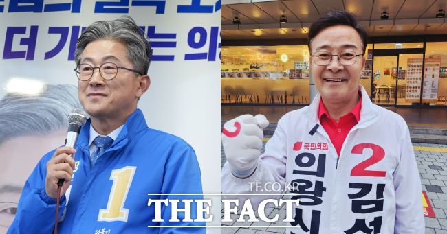 의왕시장 후보. 왼쪽부터 정순욱 민주당 후보, 김성제 국민의힘 후보. /박아론 기자