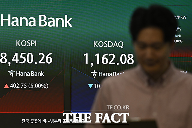 코스피가 장중 사상 최고치를 또다시 경신한 27일 오전 서울 중구 하나은행 본점 딜링룸 전광판에 코스피와 코스닥이 표시돼 있다. /송호영 기자