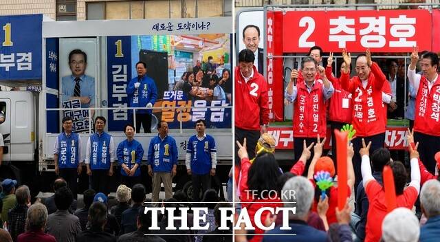 6·3 지방선거 사전투표를 하루 앞둔 28일 김부겸 더불어민주당 대구시장 후보와 추경호 국민의힘 후보가 나란히 대구시 군위군를 찾아 신공항 구상을 내놓았고, 군위군수 선거에 나선 이기만·김진열 후보 역시 각자의 비전을 내세우며 민심 잡기에 나섰다. /정창구 기자