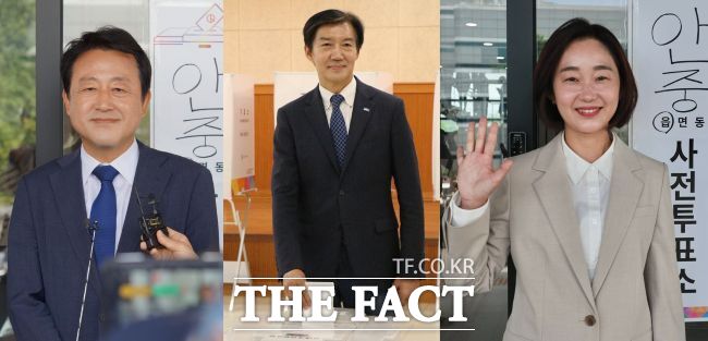 평택을 국회의원 재선거 후보들. 왼쪽부터 김용남 민주당 후보, 조국 조국혁신당 후보 , 진보당 김재연 진보당 후보. /박아론 기자