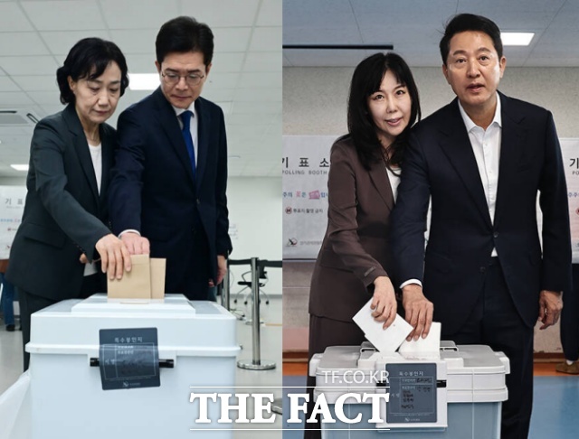 왼쪽부터 정원오 더불어민주당 서울시장 후보와 배우자 문혜정 씨가 제9회 전국동시지방선거 사전투표 첫날인 29일 오전 서울 중구 소공동 행정복합청사에 마련된 사전투표소를 찾아 한 표를 행사하고 있는 모습과 오세훈 국민의힘 서울시장 후보와 송현옥 여사가 29일 오전 서울 용산구 한남동주민센터에 마련된 제9회 전국동시지방선거 투표소에서 사전투표를 하고 있는 모습. /이새롬·배정한 기자