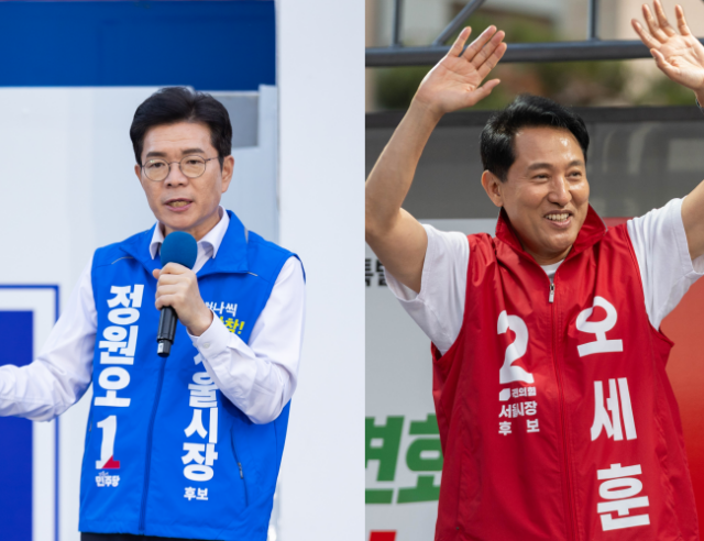왼쪽부터 정원오 더불어민주당 후보와 오세훈 국민의힘 후보가 30일 서울 전역을 돌며 지역 유세를 펼친다. /각 후보 캠프