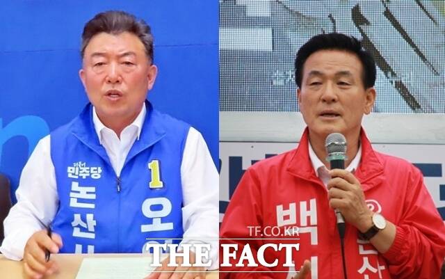 논산시장 선거에 나선 오인환 더불어민주당 후보(왼쪽)와 백성현 국민의힘 후보. /김형중 기자