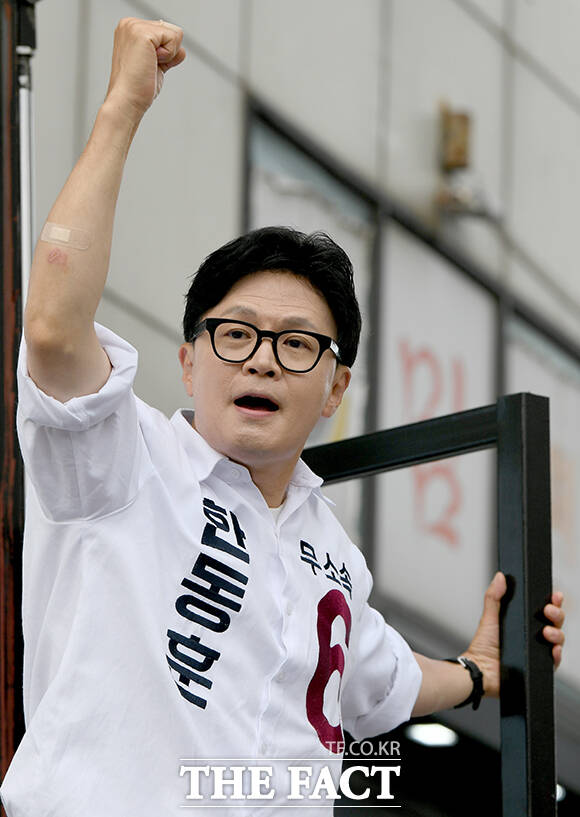 한동훈 무소속 부산 북구갑 국회의원 후보가 30일 오후 부산 북구 덕천동 젊음의거리 인근에서 유세차에 올라 '북구곰'과 함께 지지를 호소하고 있다. /부산=박상민 기자