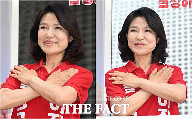 이진숙 국민의힘 대구 달성군 국회의원 후보가 30일 오후 대구 달성군 다사 만남의광장에서 선거운동원의 율동을 따라 하고 있다. /대구=박헌우 기자