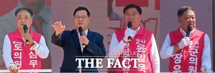 31일 청양군 정산장날 집중 유세에서 연설에 나선 (왼쪽부터) 심우성 충남도의원 후보 황선만 전 예비후보, 윤일묵 군의원후보, 이장우 군의원 후보. /김형중 기자