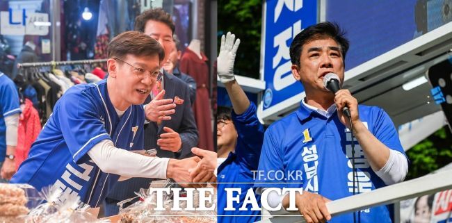 지난 30일 선거 마지막 주말 민주당 현근택 용인시장 후보와 김병욱 성남시장 후보가 거리를 돌며 한 표 지지를 호소하고 있다. /현근택·김병욱 후보 선거캠프