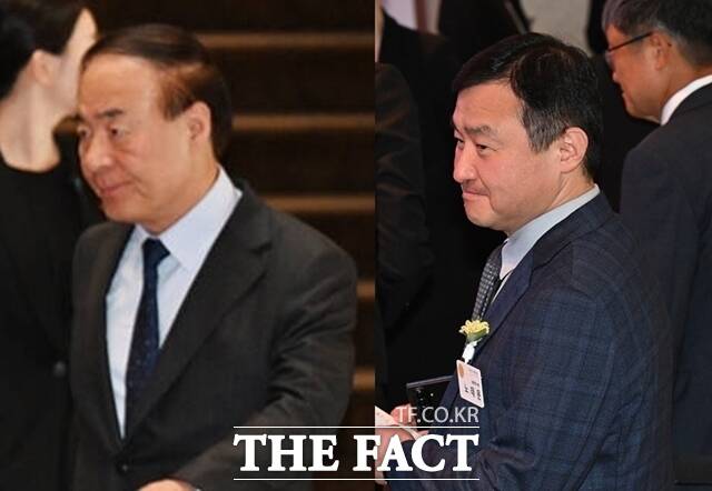 전영현 삼성전자 DS부문장 부회장(왼쪽)과 노태문 DX부문장 직무대행 사장이 1일 서울 중구 신라호텔에서 열린 2026 삼성 호암상 시상식에 참석하고 있다. /이새롬 기자
